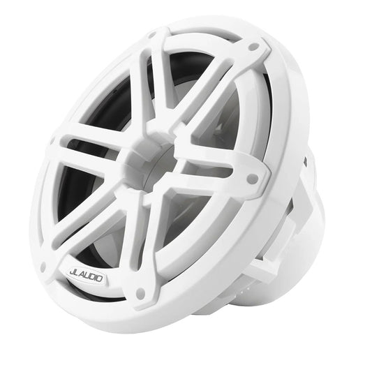 White JL Audio marine speaker with protective grille for boat audio systems