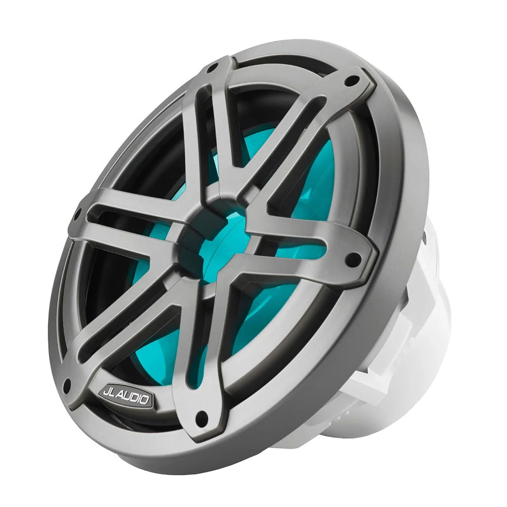 JL Audio marine speaker with teal cone and gray grille, waterproof audio for boats
