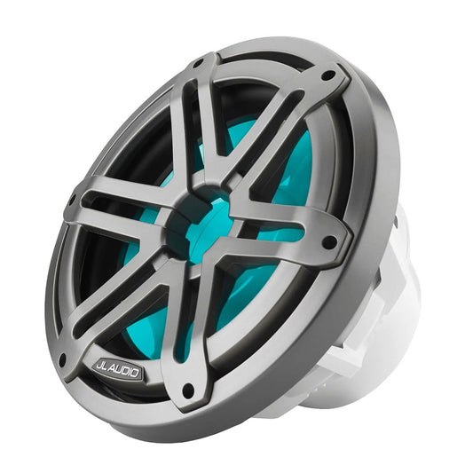 JL Audio marine speaker with teal cone and gray grille, waterproof audio for boats