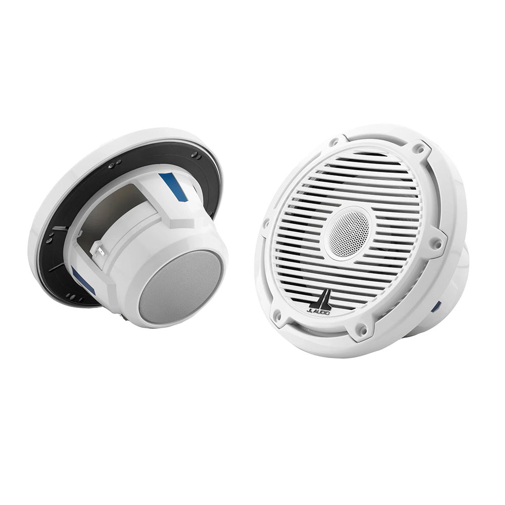 White JL Audio marine speakers with grille, ideal for boat audio systems and outdoor installations