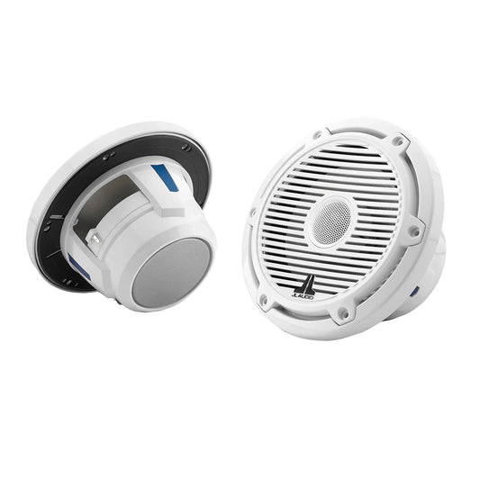 White JL Audio marine speakers with grille, ideal for boat audio systems and outdoor installations