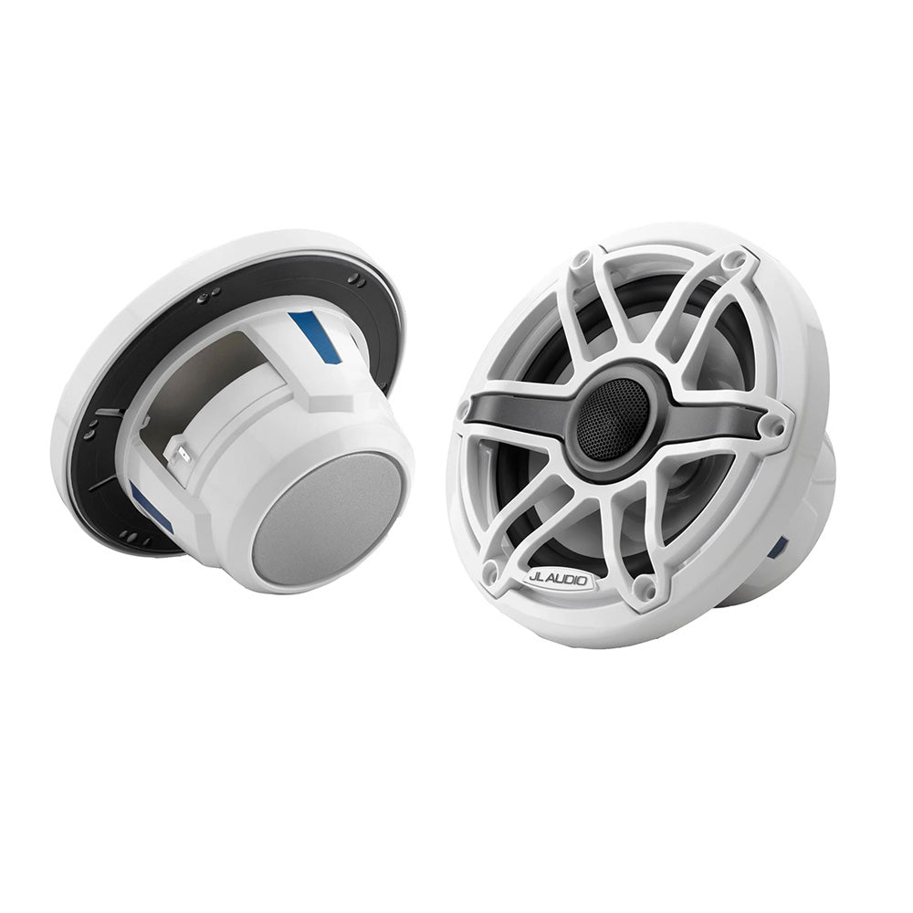 White JL Audio marine speakers with blue accents, designed for boat audio systems