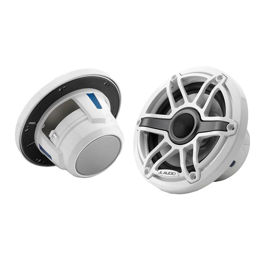 White JL Audio marine speakers with blue accents, designed for boat audio systems