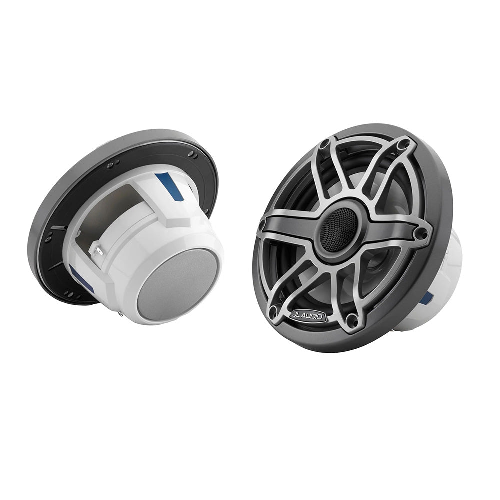 JL Audio marine speakers with white and black grilles, designed for boat audio systems