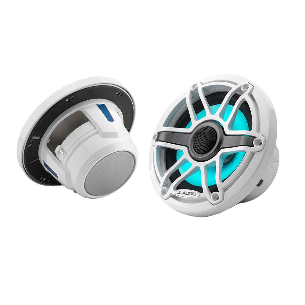 White JL Audio marine speakers with blue LED lighting, ideal for boat audio systems