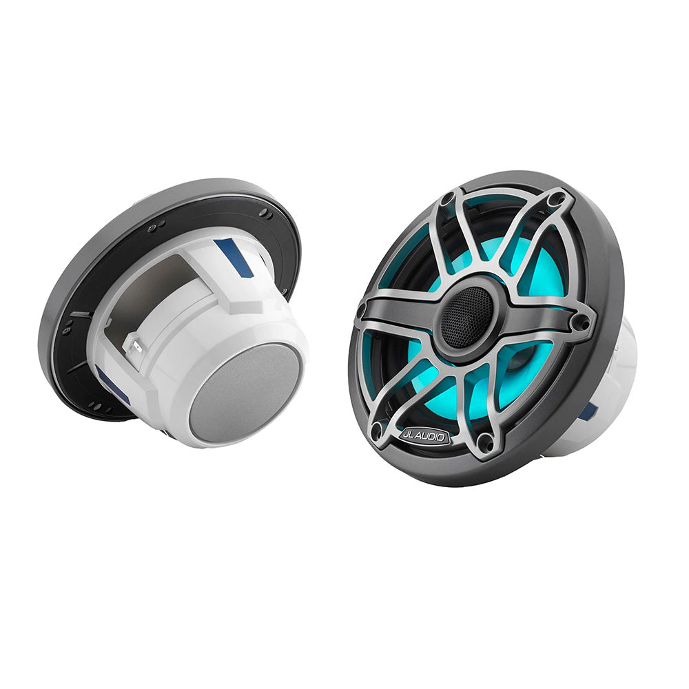 JL Audio marine speakers with blue LED lighting, rugged design for boat audio systems
