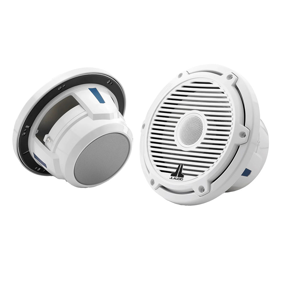 White JL Audio marine speakers with grille, designed for boat audio systems and outdoor use.