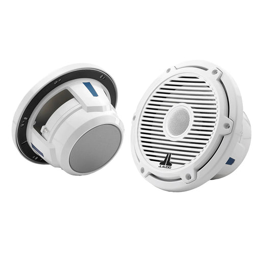 White JL Audio marine speakers with grille, designed for boat audio systems and outdoor use.