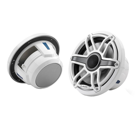 White JL Audio marine speakers with rugged design for boat audio systems
