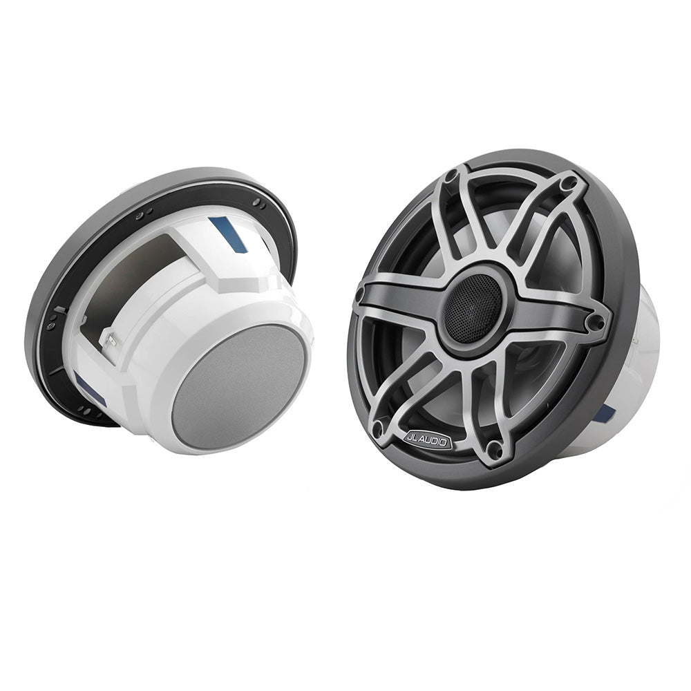 JL Audio marine speakers with white and black grilles, designed for boat audio systems