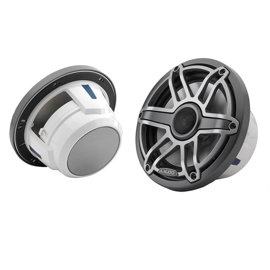 JL Audio marine speakers with white and black grilles, designed for boat audio systems