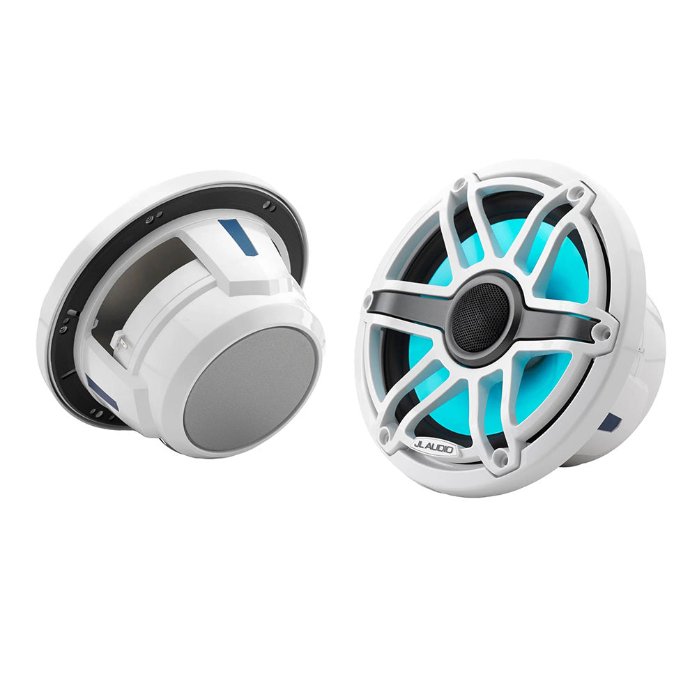 White JL Audio marine speakers with blue LED lighting, ideal for boat audio systems