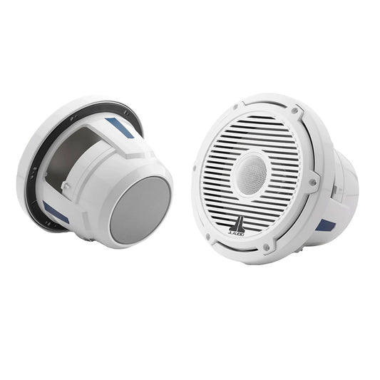 White JL Audio marine speakers with grille, ideal for boat audio systems and high-quality sound installation