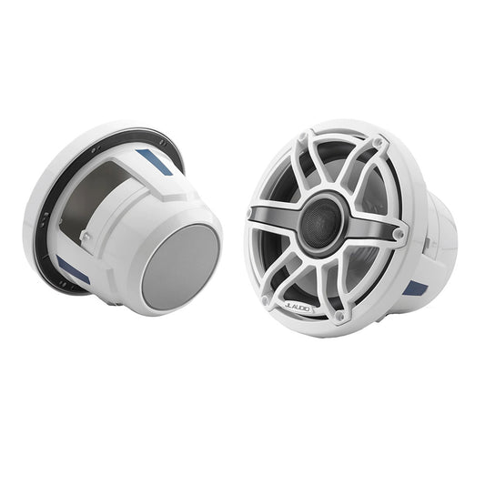 White JL Audio marine speakers with grille, ideal for boat audio systems and outdoor use