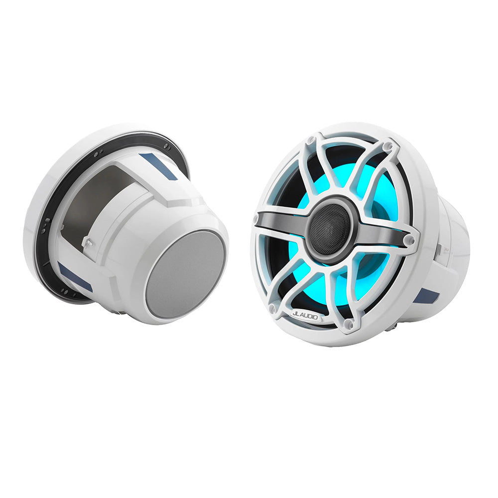 White JL Audio marine speakers with blue LED lighting, ideal for boat audio systems