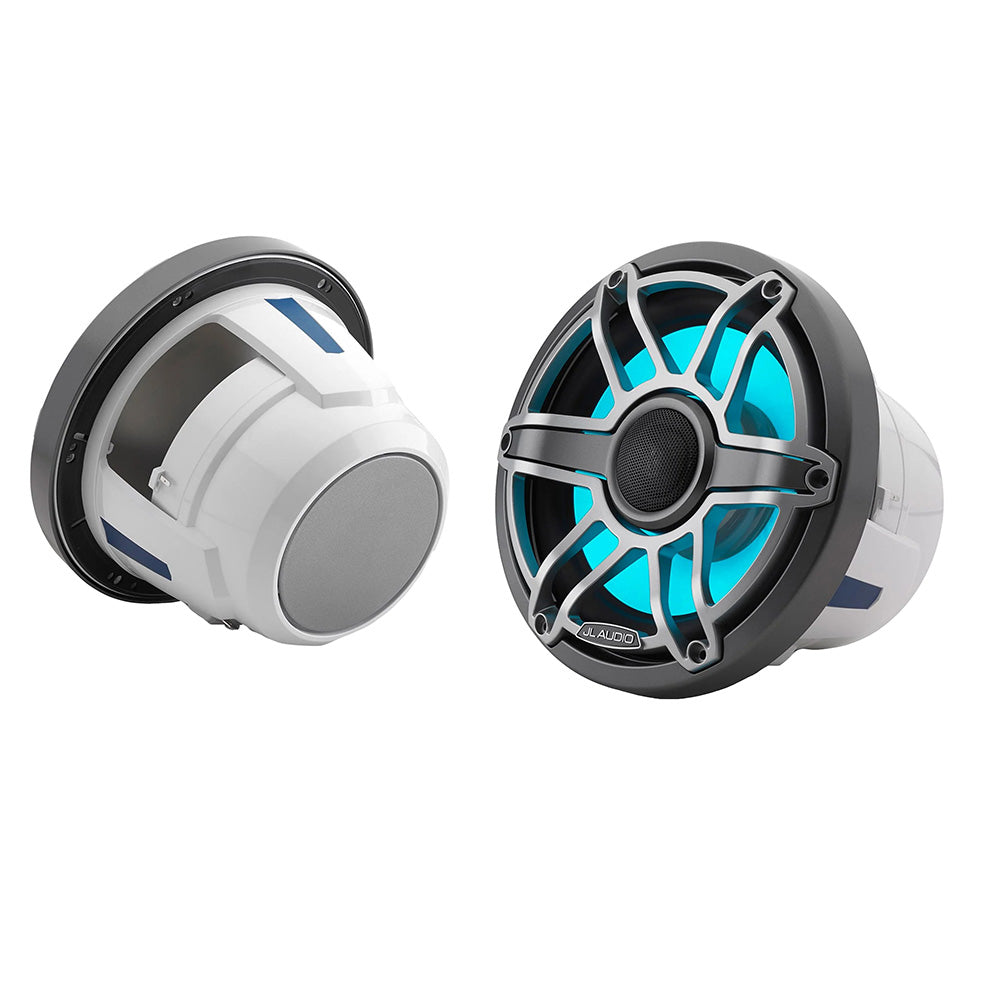 JL Audio marine speakers with blue LED lighting, white and black design for boat audio systems