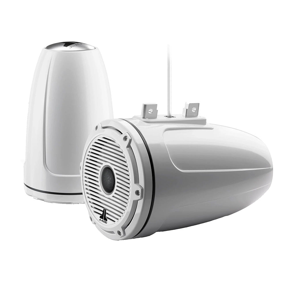 White JL Audio marine speakers with grille and mounting hardware, designed for boat audio systems.