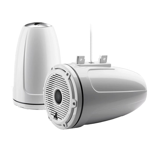 White JL Audio marine speakers with grille and mounting hardware, designed for boat audio systems.