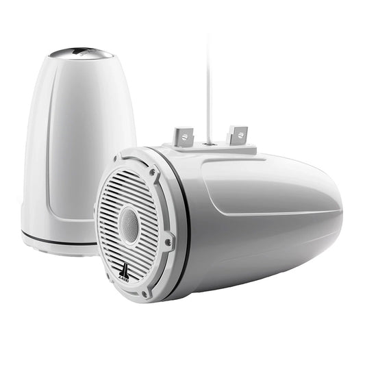 White JL Audio marine speakers with grille and mounting hardware, ideal for boat audio systems