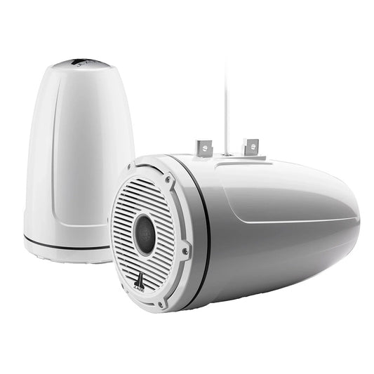 White JL Audio marine speakers with grille and mounting hardware, ideal for boat audio systems