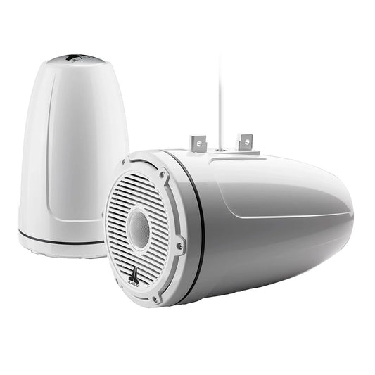 White JL Audio marine speakers with grille and mounting brackets for boat audio systems