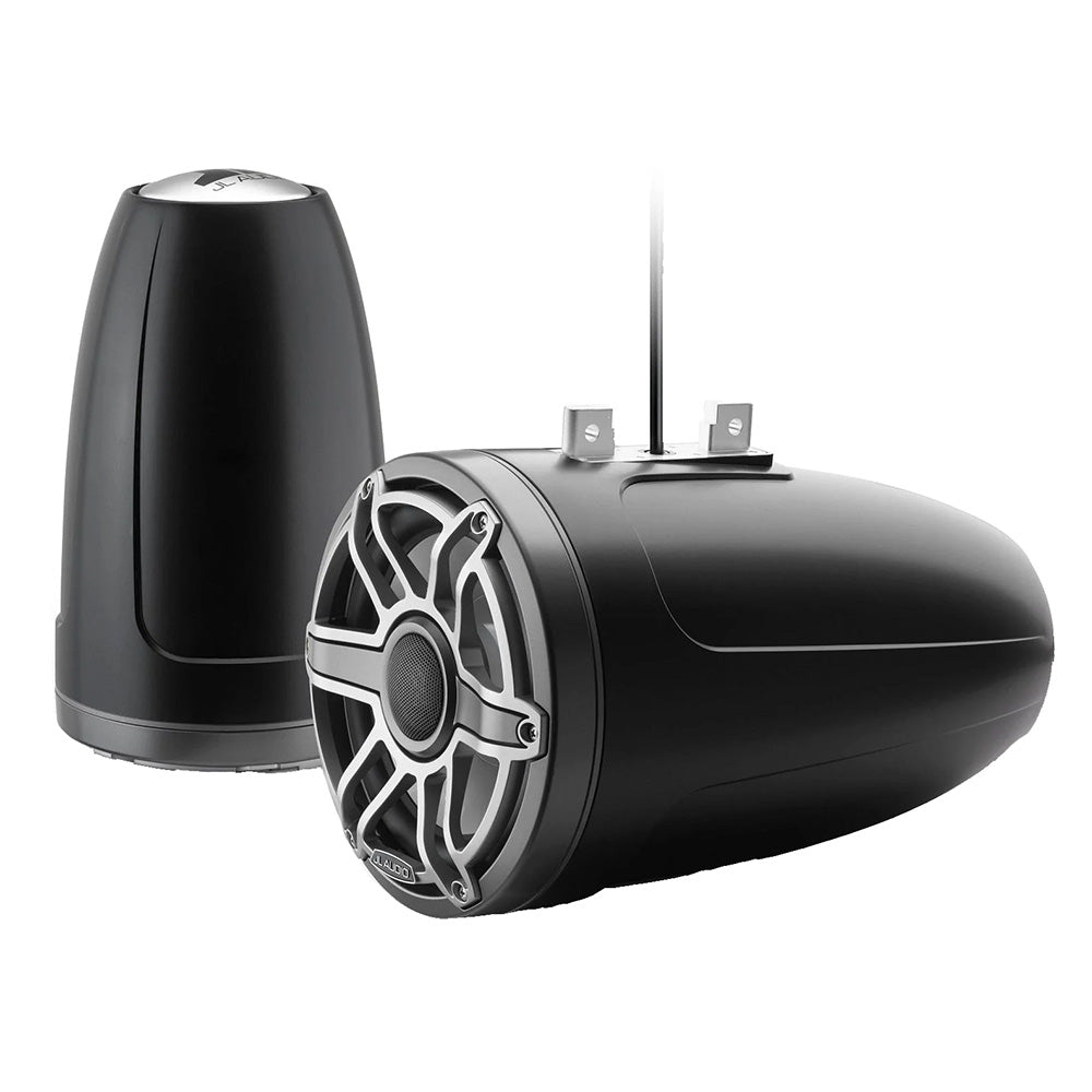 JL Audio marine speakers with black housing and silver grille for boat audio systems