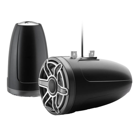 JL Audio marine speakers with black housing and silver grille for boat audio systems