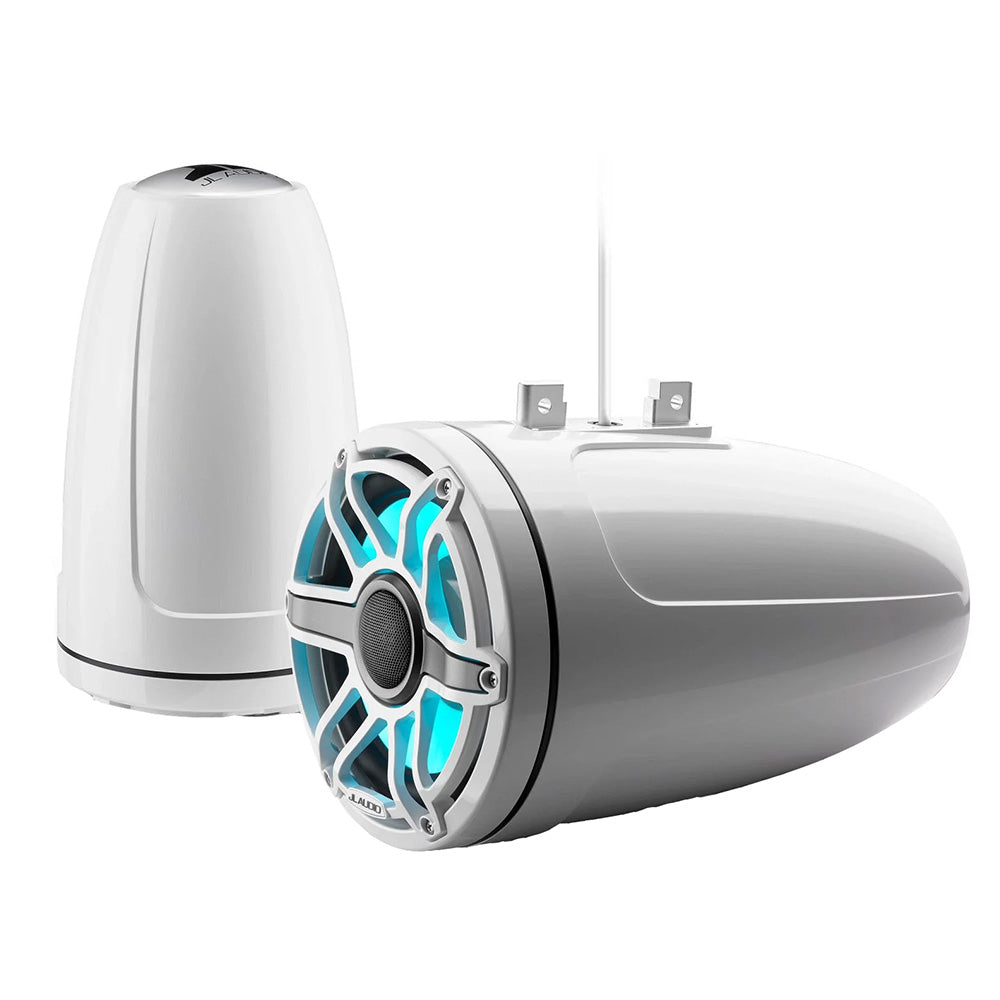 White JL Audio marine speakers with blue LED lighting, ideal for boat audio systems