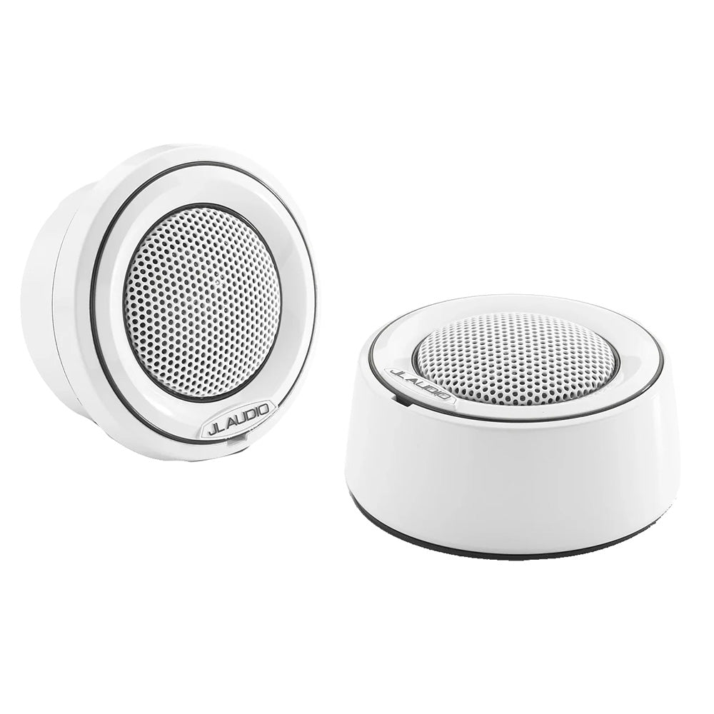 White JL Audio marine speakers with perforated grilles for boat audio systems