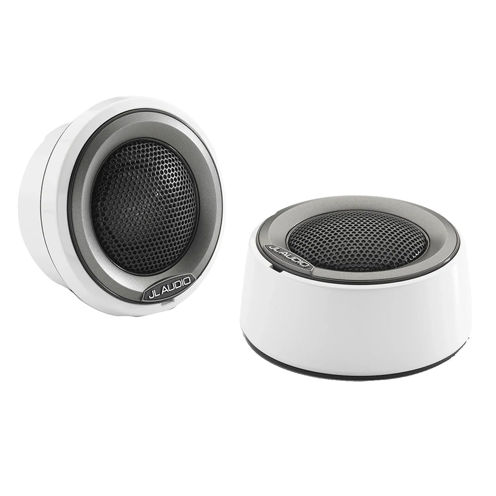 White JL Audio marine speakers with black grilles, ideal for boat audio systems and outdoor use.