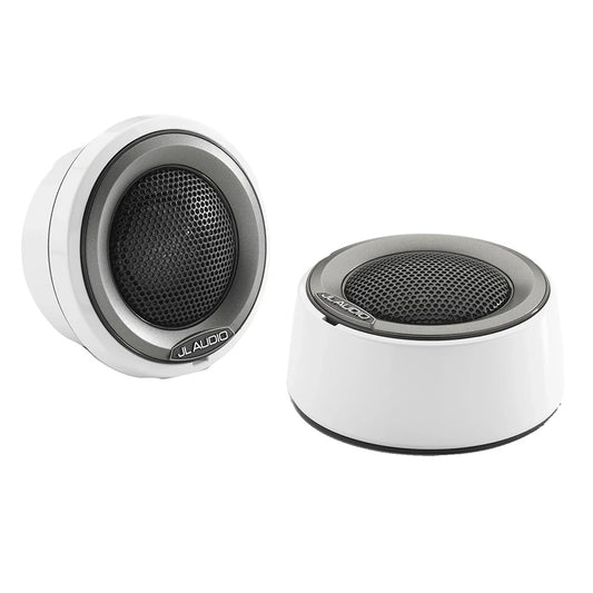 White JL Audio marine speakers with black grilles, ideal for boat audio systems and outdoor use.
