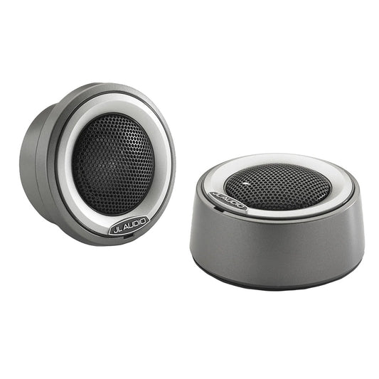 JL Audio car tweeters with sleek silver housing and black mesh grille for high-quality audio installation