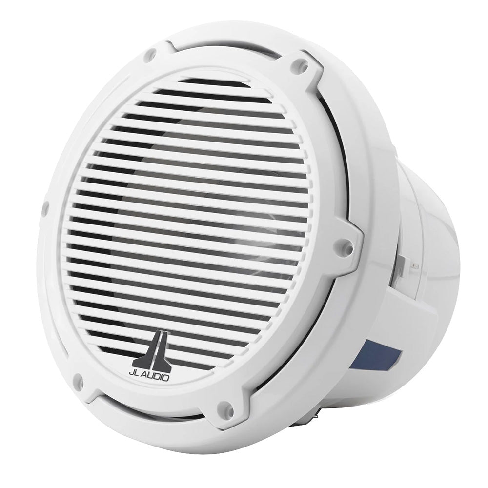 White JL Audio marine speaker with grille, ideal for boat audio systems and outdoor use.