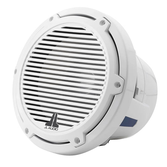 White JL Audio marine speaker with grille, ideal for boat audio systems and outdoor use.