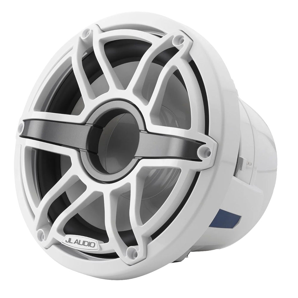 White JL Audio marine speaker with protective grille for boat audio systems