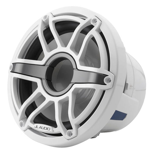 White JL Audio marine speaker with protective grille for boat audio systems