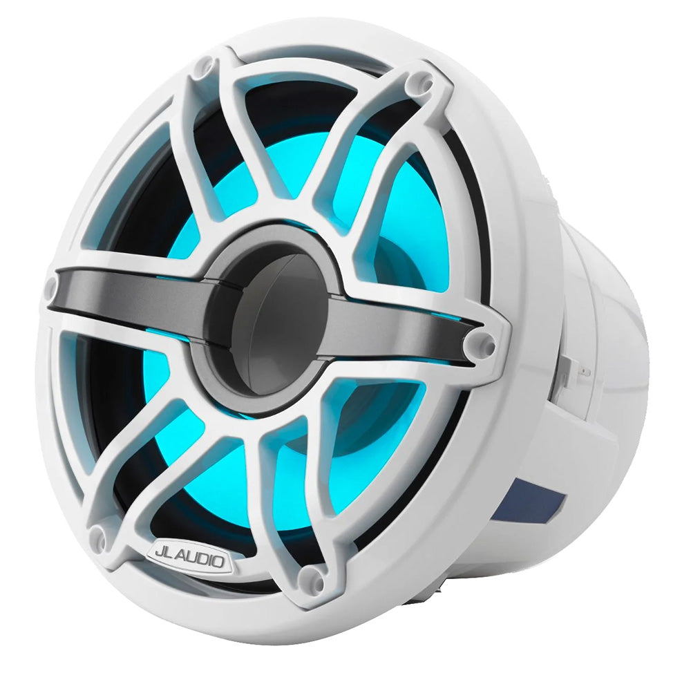 White JL Audio marine speaker with blue LED lighting, ideal for boat audio systems