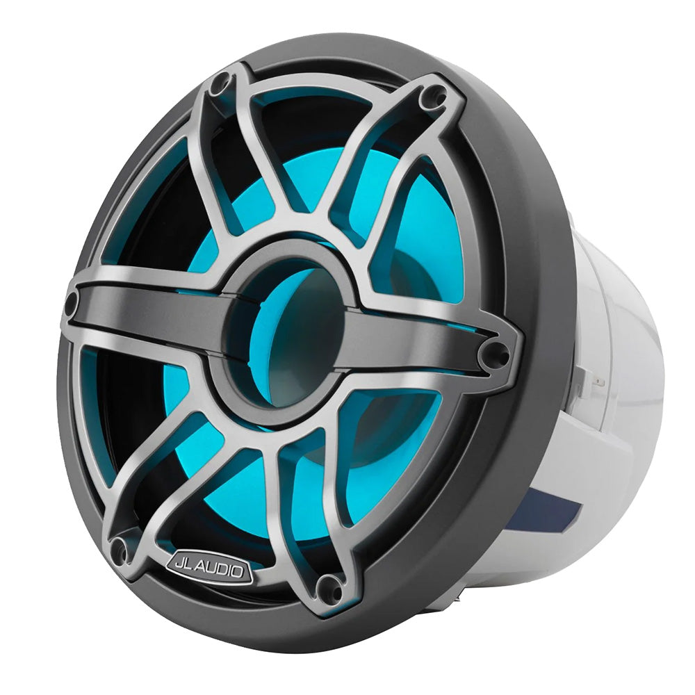 JL Audio marine speaker with blue LED lighting and rugged grille design