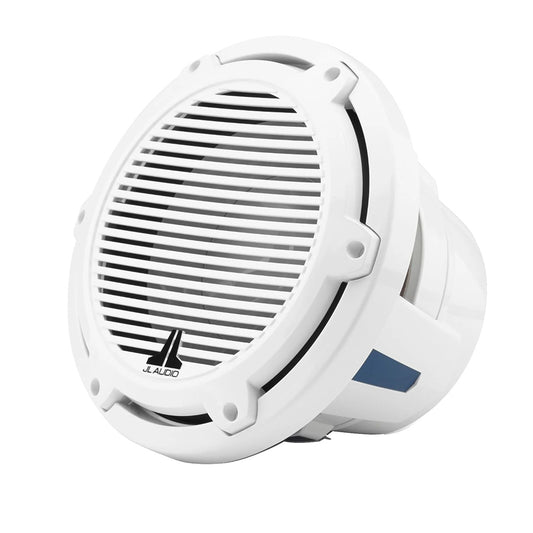 White JL Audio marine speaker with grille, ideal for boat audio systems and outdoor use.