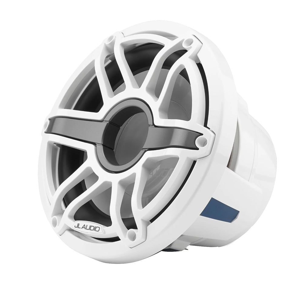 White JL Audio marine speaker with protective grille for boat audio systems