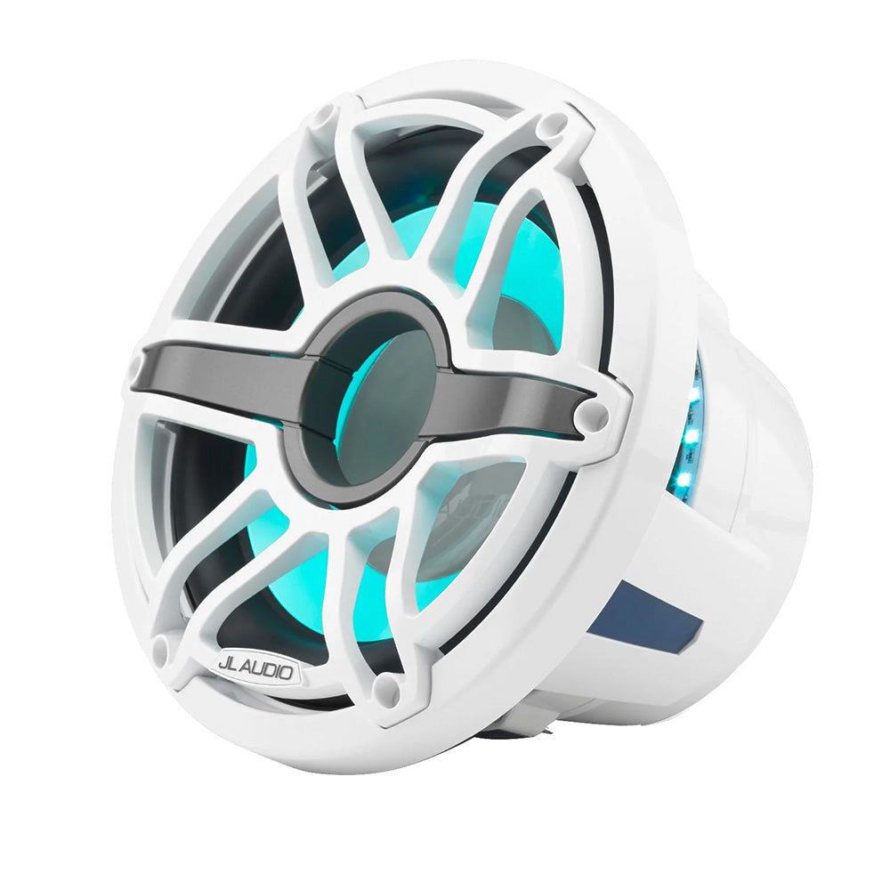 White JL Audio marine speaker with blue LED lighting, designed for boat audio systems