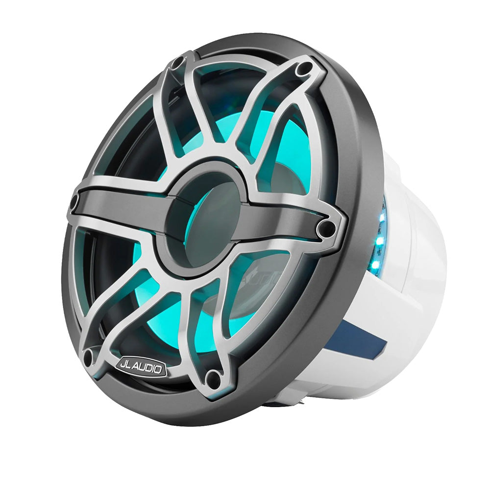 JL Audio marine speaker with blue LED lighting and rugged grille design