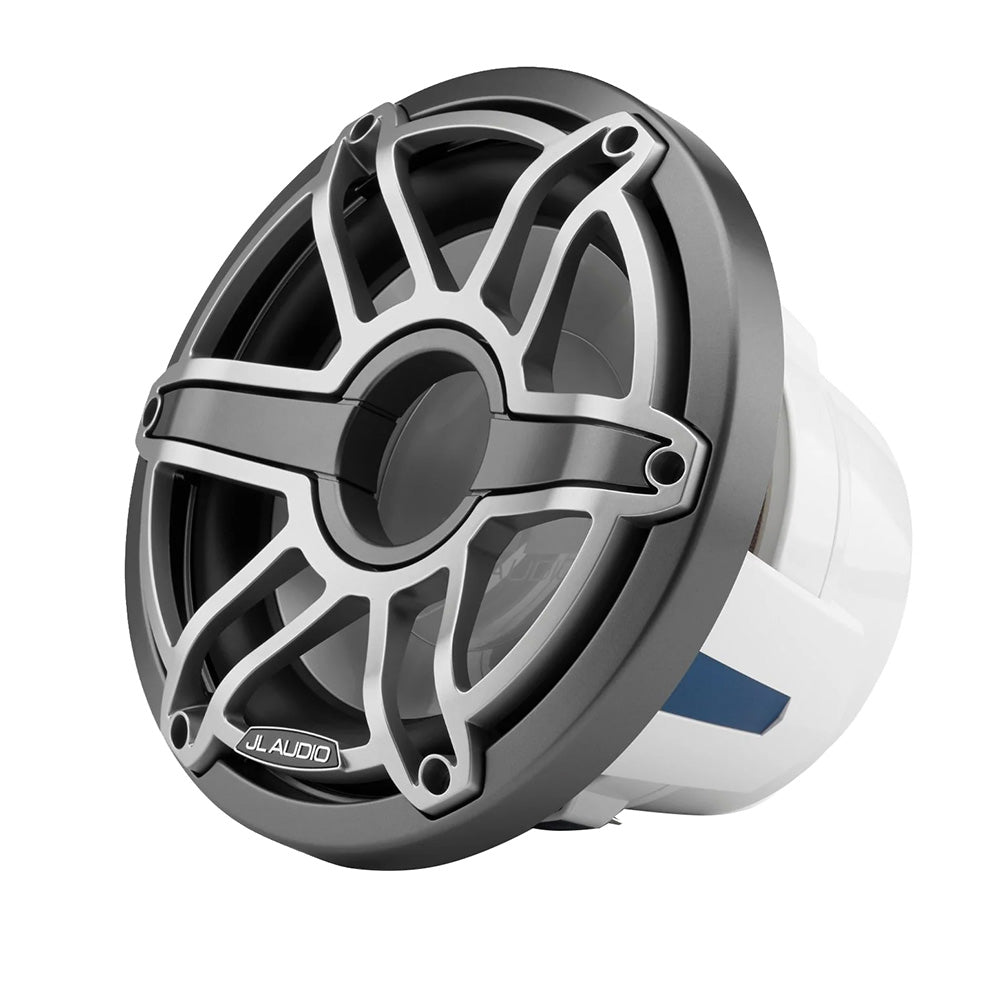 JL Audio marine speaker with sleek black and silver grille, designed for boat audio systems