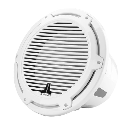 White JL Audio marine speaker with grille, ideal for boat audio systems and outdoor installations