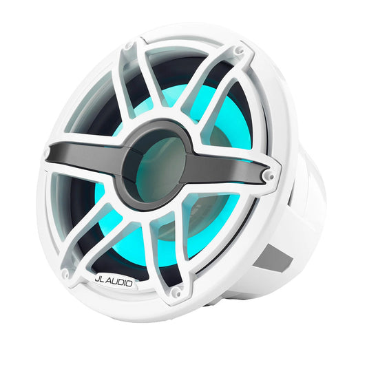 White JL Audio marine speaker with blue LED lighting, designed for boat audio systems