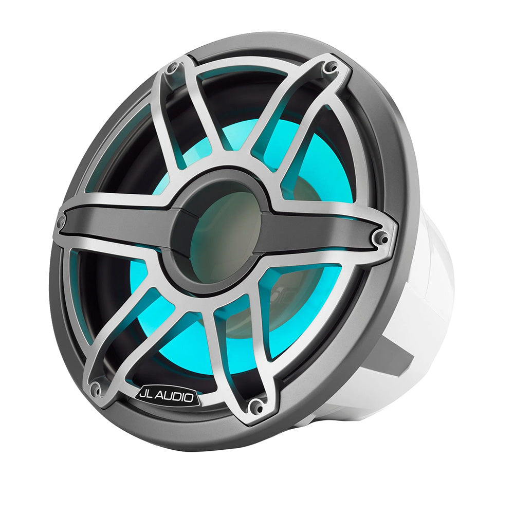 JL Audio marine speaker with blue LED lighting and silver grille, ideal for boat audio systems