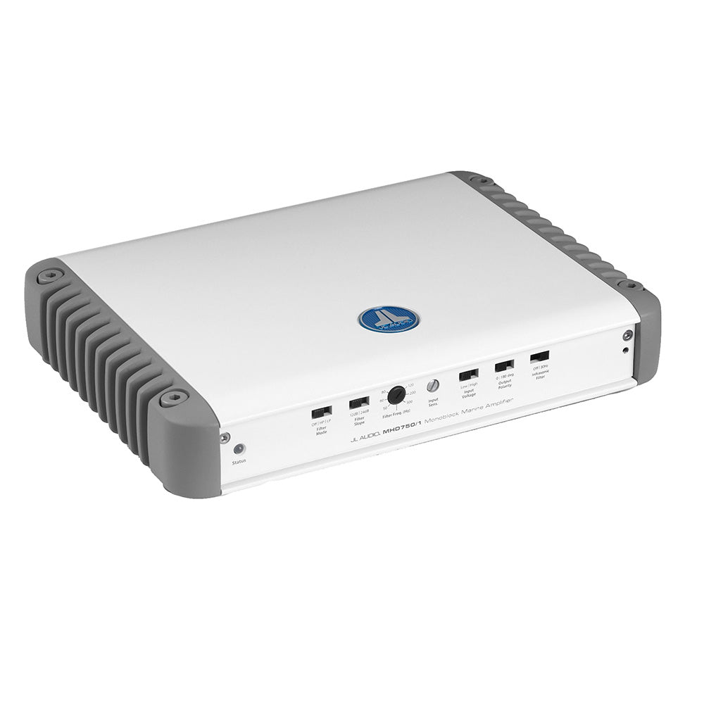 JL Audio MHD750/1 Monoblock Marine Amplifier with gray heat sinks and control ports