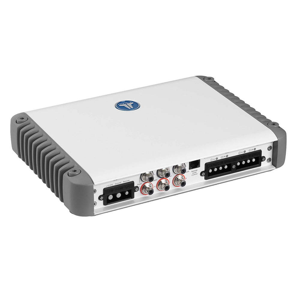 White car audio amplifier with gray heatsink, RCA inputs, and terminal connections for high-quality sound system installation
