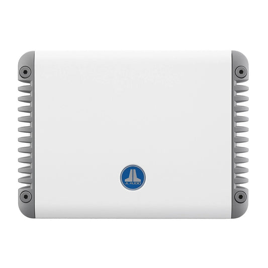 JL Audio car amplifier with white casing and blue logo, featuring heat-dissipating side fins for high-performance audio installation.