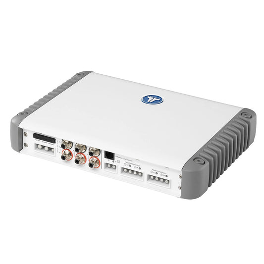 White car audio amplifier with RCA inputs and speaker outputs for high-quality sound installation